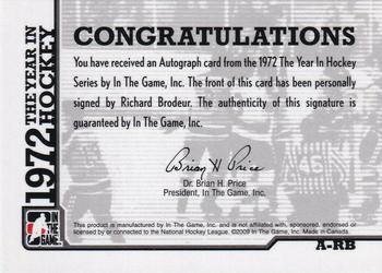 2009-10 In The Game 1972 The Year In Hockey - Autographs #A-RB Richard Brodeur  Back