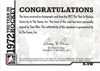 2009-10 In The Game 1972 The Year In Hockey - Autographs #A-SW Stan Weir  Back