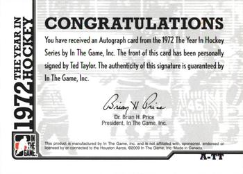 2009-10 In The Game 1972 The Year In Hockey - Autographs #A-TT Ted Taylor  Back