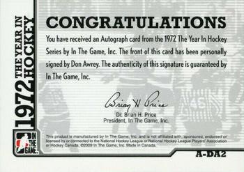 2009-10 In The Game 1972 The Year In Hockey - Autographs #A-DA2 Don Awrey Back