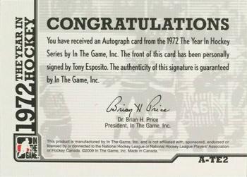 2009-10 In The Game 1972 The Year In Hockey - Autographs #A-TE2 Tony Esposito Back