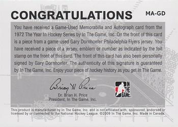 2009-10 In The Game 1972 The Year In Hockey - Game Used Emblem Autographs Black #MA-GD Gary Dornhoefer Back