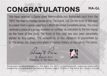 2009-10 In The Game 1972 The Year In Hockey - Game Used Emblem Autographs Silver #MA-GL Guy Lafleur Back