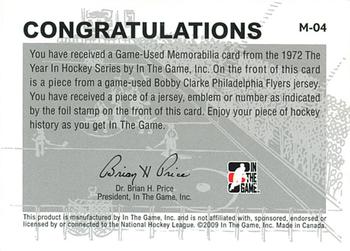 2009-10 In The Game 1972 The Year In Hockey - Game Used Emblem Black #M-04 Bobby Clarke Back