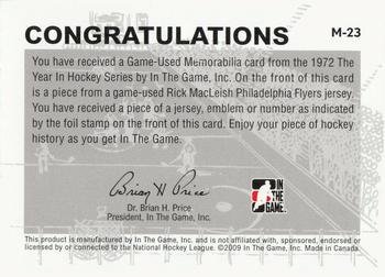 2009-10 In The Game 1972 The Year In Hockey - Game Used Emblem Black #M-23 Rick MacLeish Back