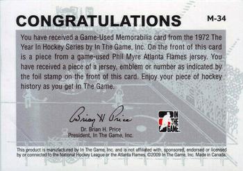 2009-10 In The Game 1972 The Year In Hockey - Game Used Emblem Black #M-34 Phil Myre Back