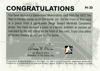 2009-10 In The Game 1972 The Year In Hockey - Game Used Emblem Black #M-35 Serge Savard Back