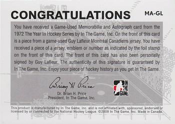 2009-10 In The Game 1972 The Year In Hockey - Game Used Jersey Autographs Gold #MA-GL Guy Lafleur Back