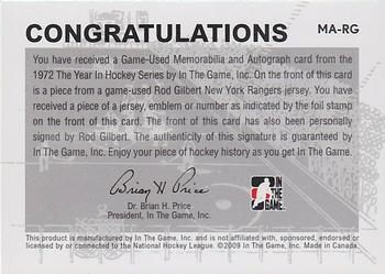2009-10 In The Game 1972 The Year In Hockey - Game Used Jersey Autographs Gold #MA-RG Rod Gilbert Back