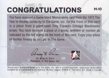 2009-10 In The Game 1972 The Year In Hockey - Game Used Jersey Gold #M-10 Tony Esposito  Back