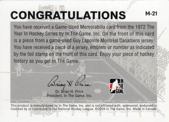2009-10 In The Game 1972 The Year In Hockey - Game Used Jersey Gold #M-21 Guy Lapointe  Back