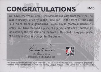 2009-10 In The Game 1972 The Year In Hockey - Game Used Jersey Silver #M-15 Rejean Houle  Back