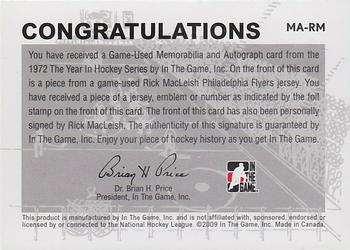 2009-10 In The Game 1972 The Year In Hockey - Game Used Number Autographs Black #MA-RM Rick MacLeish  Back