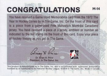 2009-10 In The Game 1972 The Year In Hockey - Game Used Number Silver #M-14 Pete Mahovlich  Back