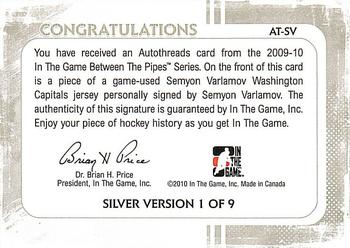 2009-10 In The Game Between The Pipes - Auto Threads Silver #AT-SV Simeon Varlamov  Back