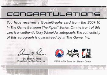 2009-10 In The Game Between The Pipes - Authentic Goaliegraphs #A-CS Cory Schneider  Back