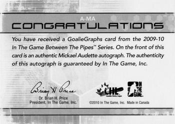 2009-10 In The Game Between The Pipes - Authentic Goaliegraphs #A-MA Mickael Audette  Back
