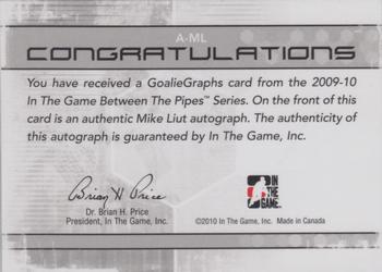 2009-10 In The Game Between The Pipes - Authentic Goaliegraphs #A-ML Mike Liut  Back