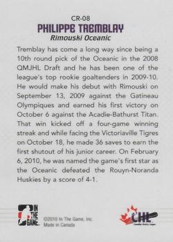 2009-10 In The Game Between The Pipes - CHL Rookies #CR08 Philippe Tremblay  Back