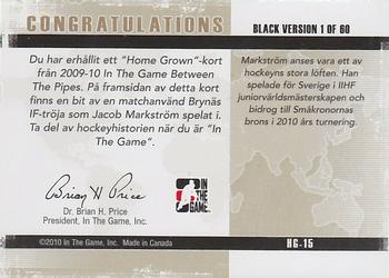 2009-10 In The Game Between The Pipes - Homegrown Black #HG-15 Jacob Markstrom  Back