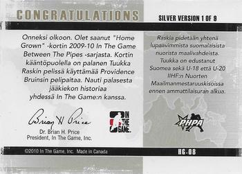 2009-10 In The Game Between The Pipes - Homegrown Silver #HG-08 Tuukka Rask  Back