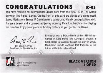 2009-10 In The Game Between The Pipes - International Crease Black #IC-03 Jacob Markstrom / Henrik Lundqvist / Pelle Lindbergh Back