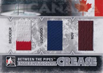 2009-10 In The Game Between The Pipes - International Crease Silver #IC-01 Martin Brodeur / Roberto Luongo / Patrick Roy Front