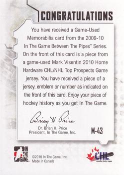 2009-10 In The Game Between The Pipes - Jerseys Black #M-43 Mark Visentin  Back