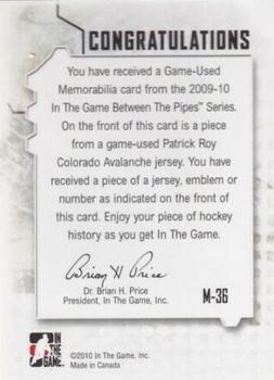 2009-10 In The Game Between The Pipes - Jerseys Gold #M36 Patrick Roy  Back