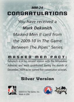 2009-10 In The Game Between The Pipes - Masked Men II Silver #MM-24 Mark Dekanich  Back