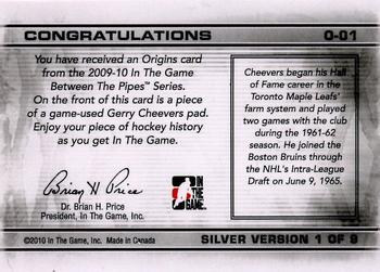 2009-10 In The Game Between The Pipes - Origins Silver #O-01 Gerry Cheevers  Back