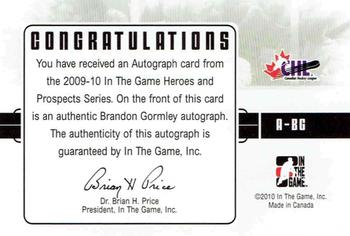 2009-10 In The Game Heroes and Prospects - Autographs #A-BG Brandon Gormley  Back