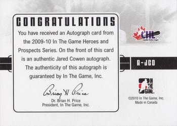 2009-10 In The Game Heroes and Prospects - Autographs #A-JCO Jared Cowen  Back