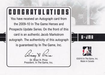 2009-10 In The Game Heroes and Prospects - Autographs #A-JMA Jacob Markstrom  Back