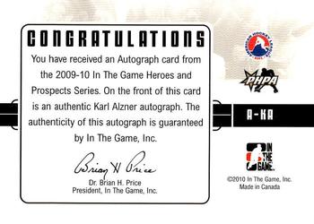 2009-10 In The Game Heroes and Prospects - Autographs #A-KA Karl Alzner  Back
