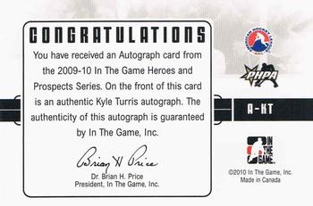 2009-10 In The Game Heroes and Prospects - Autographs #A-KT Kyle Turris  Back