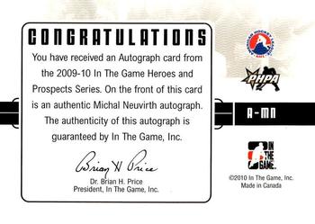 2009-10 In The Game Heroes and Prospects - Autographs #A-MN Michal Neuvirth  Back