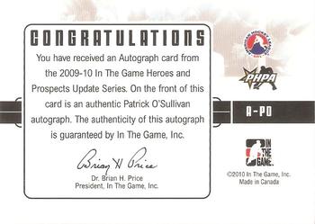 2009-10 In The Game Heroes and Prospects - Autographs #A-PO Patrick O'Sullivan  Back