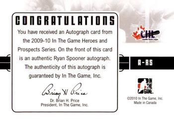 2009-10 In The Game Heroes and Prospects - Autographs #A-RS Ryan Spooner  Back