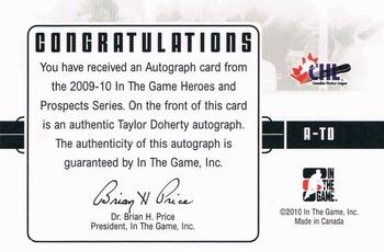 2009-10 In The Game Heroes and Prospects - Autographs #A-TD Taylor Doherty  Back