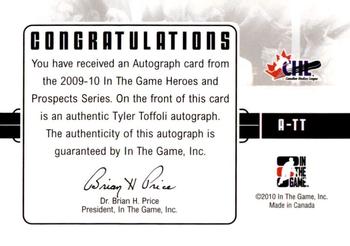 2009-10 In The Game Heroes and Prospects - Autographs #A-TT Tyler Toffoli  Back