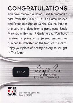 2009-10 In The Game Heroes and Prospects - Game Used Jerseys #M-52 Jacob Markstrom  Back