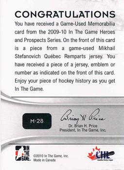 2009-10 In The Game Heroes and Prospects - Game Used Jerseys Silver #M-28 Mikhail Stefanovich  Back