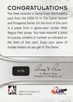 2009-10 In The Game Heroes and Prospects - Game Used Jerseys Silver #M-31 Jordan Weal  Back