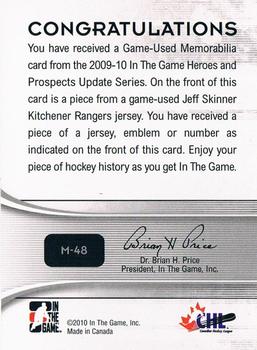 2009-10 In The Game Heroes and Prospects - Game Used Jerseys Silver #M-48 Jeff Skinner  Back
