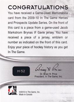 2009-10 In The Game Heroes and Prospects - Game Used Jerseys Silver #M-52 Jacob Markstrom  Back