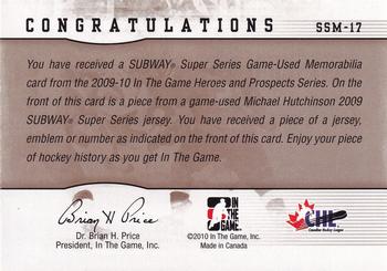 2009-10 In The Game Heroes and Prospects - Subway Series Jerseys #SSM-17 Michael Hutchinson  Back