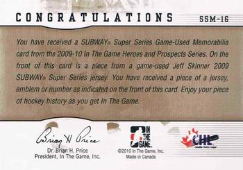 2009-10 In The Game Heroes and Prospects - Subway Series Jerseys Silver #SSM-16 Jeff Skinner  Back