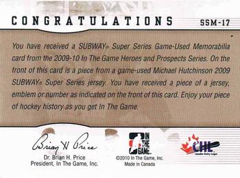 2009-10 In The Game Heroes and Prospects - Subway Series Jerseys Silver #SSM-17 Michael Hutchinson  Back