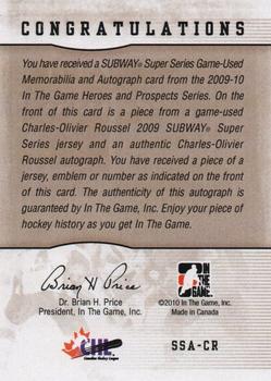 2009-10 In The Game Heroes and Prospects - Subway Series Numbers Autographs #SSA-CR Charles-Olivier Roussel  Back